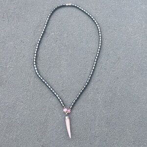 Elegant Silver Gray Hematite Bead and Pink Lucky Horn Beaded Necklace